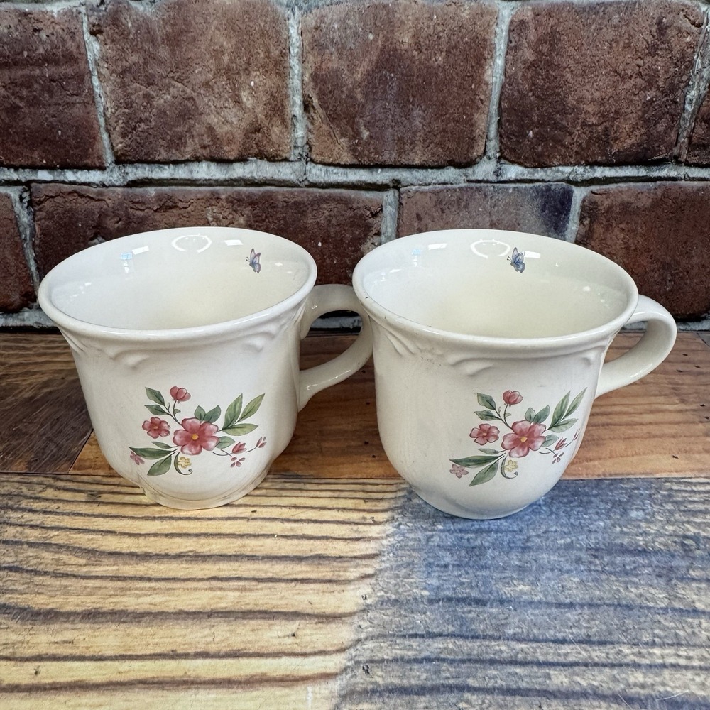 Set of 2 Pfaltzgraff Meadow Lane Coffee Cups Mugs Floral Butterfly Grandma Core
